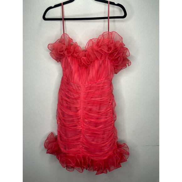 ASOS Design Red Bodycon Ruffle Mesh Bandeau Neck Strapless Mini Dress 4 - Picture 11 of 13